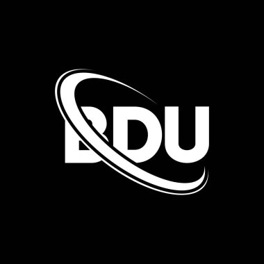 BDU logosu. BDU mektubu. BDU mektup logosu tasarımı. Çember ve büyük harfli monogram logosuyla birleştirilmiş BDU logosu. Teknoloji, iş ve emlak markası için BDU tipografisi.