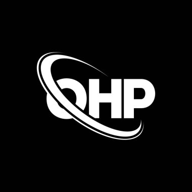 OHP logosu. OHP mektubu. OHP harf logosu tasarımı. Çember ve büyük harfli monogram logosuyla birleştirilmiş OHP logosu. Teknoloji, iş ve emlak markası için YTD tipografisi.