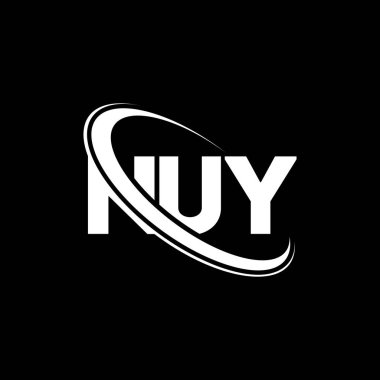 NUY logosu. NUY harfi. NUY harf logosu tasarımı. Çember ve büyük harfli monogram logosuna bağlı NUY logosu. Teknoloji, iş ve emlak markası için NUY tipografisi.