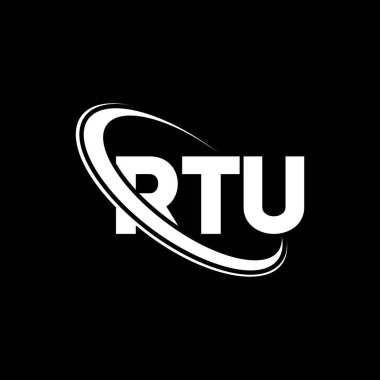 RTU logosu. RTU mektubu. RTU harf logosu tasarımı. Çember ve büyük harfli monogram logosuna bağlı RTU logosu. Teknoloji, iş ve emlak markası için RTU tipografisi.