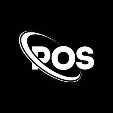 POS logosu. Posta mektubu. POS mektup logosu tasarımı. Çember ve büyük harfli monogram logosuna bağlı POS logosu. Teknoloji, iş ve emlak markası için POS tipografisi.