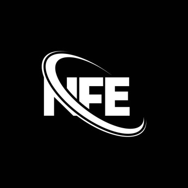 NFE logosu. NFE mektubu. NFE mektup logosu tasarımı. Çember ve büyük harfli monogram logosuna bağlı NFE logosunun baş harfleri. Teknoloji, iş ve emlak markası için NFE tipografisi.