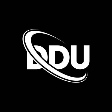 DDU logosu. DDU mektubu. DDU mektup logosu tasarımı. Daire ve büyük harfli monogram logosuna bağlı DDU logosu. Teknoloji, iş ve emlak markası için DDU tipografisi.