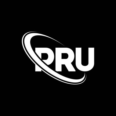 PRU logosu. PRU mektubu. PRU mektup logosu tasarımı. Çember ve büyük harfli monogram logosuyla birleştirilmiş PRU logosu. Teknoloji, iş ve emlak markası için PRU tipografisi.