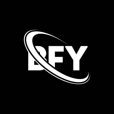 BFY logosu. BFY mektubu. BFY harf logosu tasarımı. Çember ve büyük harfli monogram logosuyla birleştirilmiş BFY logosu. Teknoloji, iş ve emlak markası için BFY tipografisi.