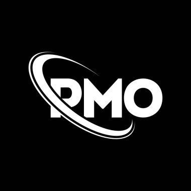 PMO logosu. PMO mektubu. PMO mektup logosu tasarımı. Çember ve büyük harfli monogram logosuyla PMO logosunun baş harfleri. Teknoloji, iş ve emlak markası için PMO tipografisi.