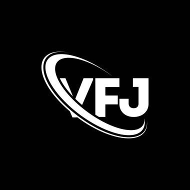 VFJ logosu. VFJ mektubu. VFJ harf logosu tasarımı. Çember ve büyük harfli monogram logosuna bağlı VFJ logosu. Teknoloji, iş ve emlak markası için VFJ tipografisi.