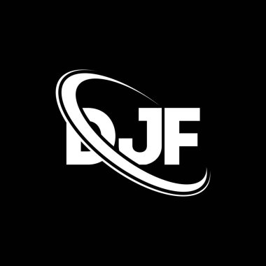 DJF logosu. DJF mektubu. DJF mektup logosu tasarımı. Çember ve büyük harfli monogram logosuna bağlı DJF logosu. Teknoloji, iş ve emlak markası için DJF tipografisi.