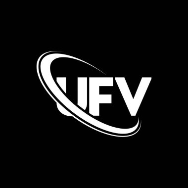 UFV logosu. UFV mektubu. UFV harf logosu tasarımı. Çember ve büyük harfli monogram logosuna bağlı UFV logosu. Teknoloji, iş ve emlak markası için UFV tipografisi.