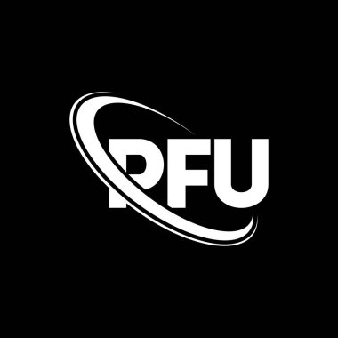PFU logosu. PFU mektubu. PFU harf logosu tasarımı. Çember ve büyük harfli monogram logosuyla birleştirilmiş PFU logosu. Teknoloji, iş ve emlak markası için PFU tipografisi.