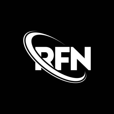 RFN logosu. RFN mektubu. RFN harf logosu tasarımı. Çember ve büyük harfli monogram logosuna bağlı RFN logosu. Teknoloji, iş ve emlak markası için RFN tipografisi.