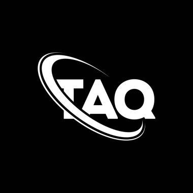 TAQ logosu. TAQ mektubu. TAQ harf logosu tasarımı. Çember ve büyük harfli monogram logosuna bağlı TAQ logosu. Teknoloji, iş ve emlak markası için TAQ tipografisi.