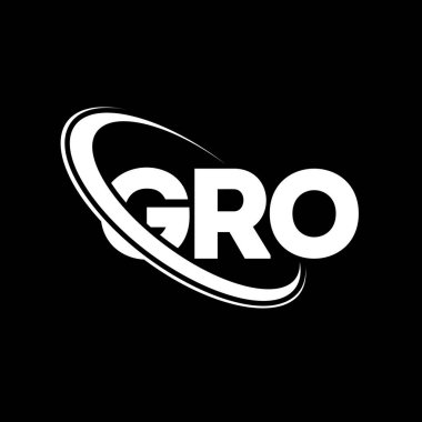 GRO logosu. GRO mektubu. GRO harf logosu tasarımı. Çember ve büyük harfli monogram logosuna bağlı GRO logosunun baş harfleri. Teknoloji, iş ve emlak markası için GRO tipografisi.