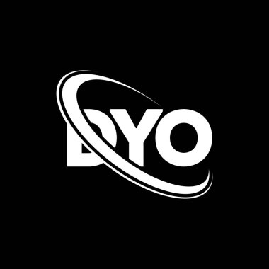 DYO logosu. DYO mektubu. DYO harf logosu tasarımı. Daire ve büyük harfli monogram logosuna bağlı DYO logosu. Teknoloji, iş ve emlak markası için DYO tipografisi.