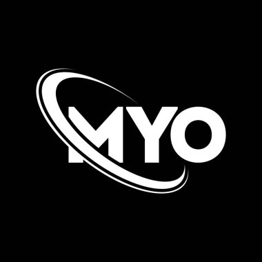 MYO logosu. MYO mektubu. MYO harf logosu tasarımı. Çember ve büyük harfli monogram logosuna bağlı baş harfler. Teknoloji, iş ve emlak markası için MYO tipografisi.