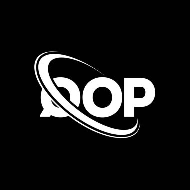 QOP logosu. QOP mektubu. QOP harf logosu tasarımı. Çember ve büyük harfli monogram logosuna bağlı QOP logosu. Teknoloji, iş ve emlak markası için QOP tipografisi.