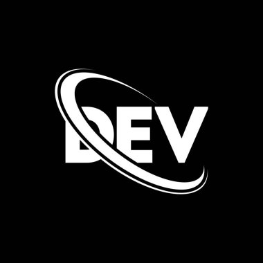 DEV logosu. DEV mektubu. DEV harf logosu tasarımı. Çember ve büyük harfli monogram logosuna bağlı DEV logosu. Teknoloji, iş ve emlak markası için DEV tipografisi.