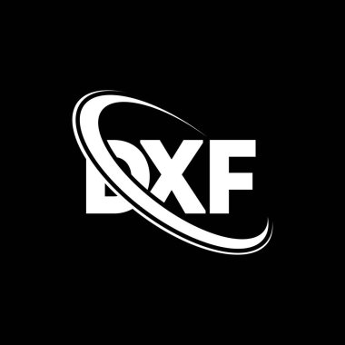 DXF logosu. DXF mektubu. DXF harf logosu tasarımı. Çember ve büyük harfli monogram logosuna bağlı baş harfler. Teknoloji, iş ve emlak markası için DXF tipografisi.