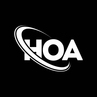 HA logosu. HOA mektubu. HOA mektup logosu tasarımı. Çember ve büyük harfli monogram logosuna bağlı ilk HOA logosu. Teknoloji, iş ve emlak markası için HOA tipografisi.