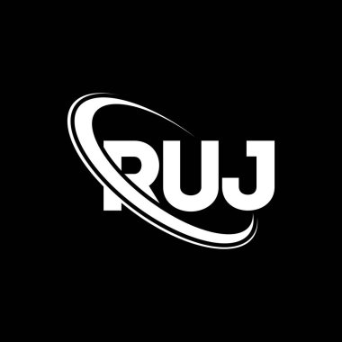 RuJ logosu. RuJ mektubu. RuJ harf logosu tasarımı. Çember ve büyük harfli monogram logosuna bağlı RUJ logosu. RuJ teknoloji, iş ve gayrimenkul markası tipografisi.