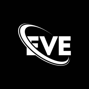 EVE logosu. EVE mektubu. EVE harf logosu tasarımı. Çember ve büyük harfli monogram logosuyla birleştirilmiş EVE logosu. Teknoloji, iş ve emlak markası için EVE tipografisi.