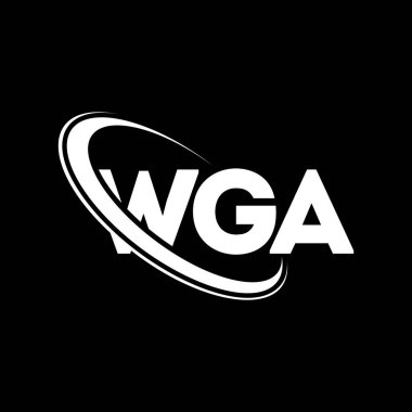 WGA logosu. WGA mektubu. WGA mektup logosu tasarımı. Çember ve büyük harfli monogram logosuna bağlı baş harfler WGA logosu. Teknoloji, iş ve emlak markası için WGA tipografisi.