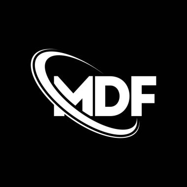 MDF logosu. MDF mektubu. MDF mektup logosu tasarımı. Çember ve büyük harfli monogram logosuna bağlı baş harfler. Teknoloji, iş ve emlak markası için MDF tipografisi.