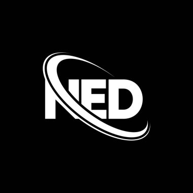 NED logosu. NED mektubu. NED mektup logosu tasarımı. Çember ve büyük harfli monogram logosuna bağlı baş harfler NED logosu. Teknoloji, iş ve emlak markası için NED tipografisi.