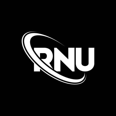 RNU logosu. RNU mektubu. RNU harf logosu tasarımı. Çember ve büyük harfli monogram logosuna bağlı RNU logosu. Teknoloji, iş ve emlak markası için RNU tipografisi.