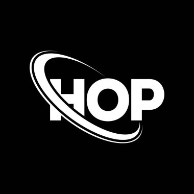 Hopp logosu. Hopp mektubu. HOP harf logosu tasarımı. Çember ve büyük harfli monogram logosuyla birleştirilmiş HOP logosu. HOP teknoloji, iş ve emlak markası tipografisi.