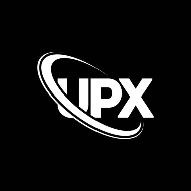 UPX logosu. UPX mektubu. UPX harfli logo tasarımı. Çember ve büyük harfli monogram logosuna bağlı ilk UPX logosu. Teknoloji, iş ve emlak markası için UPX tipografisi.