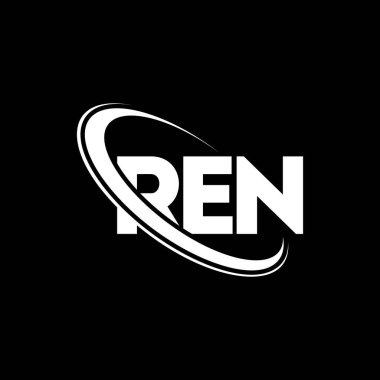 REN logosu. Kırmızı harf. REN harf logosu tasarımı. Çember ve büyük harfli monogram logosuna bağlı baş harfler REN logosu. Teknoloji, iş ve emlak markası için REN tipografisi.