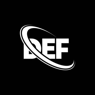 DEF logosu. DEF mektubu. DEF mektup logosu tasarımı. Çember ve büyük harfli monogram logosuna bağlı DEF logosu. Teknoloji, iş ve emlak markası için DEF tipografisi.