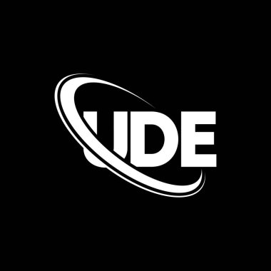 Ude logosu. UDE mektubu. UDE harf logosu tasarımı. Çember ve büyük harfli monogram logosuna bağlı ilk UDE logosu. Teknoloji, iş ve emlak markaları için UDE tipografisi.