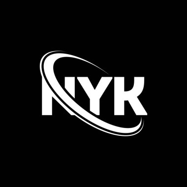 NYK logosu. NYK mektubu. NYK mektup logosu tasarımı. Çember ve büyük harfli monogram logosuna bağlı baş harfler NYK logosu. NYK teknoloji, iş ve emlak markası tipografisi.