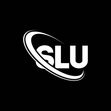 SLU logosu. SLU mektubu. SLU harf logosu tasarımı. Çember ve büyük harfli monogram logosuna bağlı SLU logosu. Teknoloji, iş ve emlak markası için SLU tipografisi.
