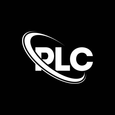 PLC logosu. PLC mektubu. PLC harf logosu tasarımı. Çember ve büyük harfli monogram logosuyla birleştirilmiş PLC logosu. Teknoloji, iş ve emlak markası için PLC tipografisi.