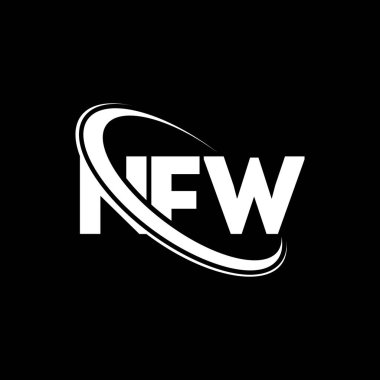 NFW logosu. NFW mektubu. NFW harf logosu tasarımı. Çember ve büyük harfli monogram logosuna bağlı NFW logosu. Teknoloji, iş ve emlak markası için NFW tipografisi.