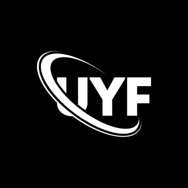 UYF logosu. UYF mektubu. UYF harf logosu tasarımı. Çember ve büyük harfli monogram logosuna bağlı UYF logosu. Teknoloji, iş ve emlak markası için UYF tipografisi.