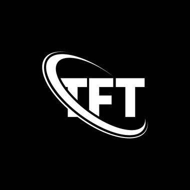 TFT logosu. TFT mektubu. TFT harf logosu tasarımı. Çember ve büyük harfli monogram logosuna bağlı TFT logosu. Teknoloji, iş ve emlak markası için TFT tipografisi.