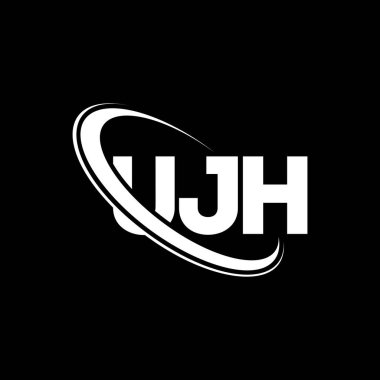 UJH logosu. UJH mektubu. UJH harf logosu tasarımı. Çember ve büyük harfli monogram logosuna bağlı UJH logosu. Teknoloji, iş ve emlak markası için UJH tipografisi.