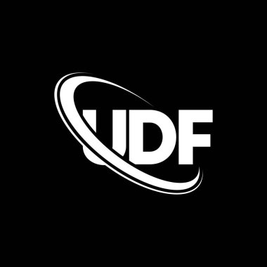 UDF logosu. UDF mektubu. UDF harf logosu tasarımı. Çember ve büyük harfli monogram logosuna bağlı ilk UDF logosu. Teknoloji, iş ve emlak markası için UDF tipografisi.