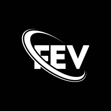 FEV logosu. FEV mektubu. FEV mektup logosu tasarımı. Çember ve büyük harfli monogram logosuna bağlı FEV logosu. Teknoloji, iş ve emlak markası için FEV tipografisi.