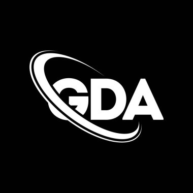 GDA logosu. GDA mektubu. GDA harf logosu tasarımı. Çember ve büyük harfli monogram logosuna bağlı GDA logosu. Teknoloji, iş ve emlak markası için GDA tipografisi.