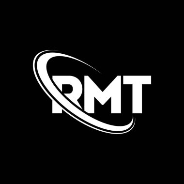 RMT logosu. RMT mektubu. RMT harf logosu tasarımı. Çember ve büyük harfli monogram logosuna bağlı RMT logosu. Teknoloji, iş ve emlak markası için RMT tipografisi.