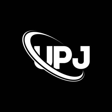 UPJ logosu. UPJ mektubu. UPJ harf logosu tasarımı. Çember ve büyük harfli monogram logosuyla birleştirilmiş UPJ logosu. Teknoloji, iş ve emlak markası için UPJ tipografisi.