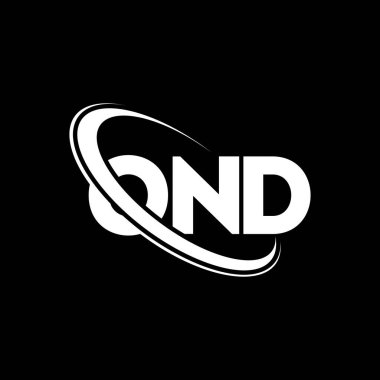 OND logosu. OND mektubu. OND mektup logosu tasarımı. Çember ve büyük harfli monogram logosuna bağlı OND logosu. Teknoloji, iş ve emlak markası için OND tipografisi.