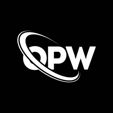 OPW logosu. OPW mektubu. OPW harf logosu tasarımı. Çember ve büyük harfli monogram logosuna bağlı OPW logosu. Teknoloji, iş ve emlak markası için OPW tipografisi.