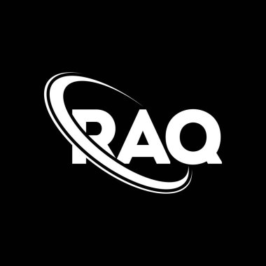 RAQ logosu. RAQ mektubu. RAQ harf logosu tasarımı. Çember ve büyük harfli monogram logosuna bağlı baş harfler RAQ logosu. Teknoloji, iş ve emlak markası için RAQ tipografisi.