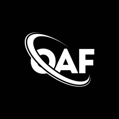 OAF logosu. OAF mektubu. OAF mektup logosu tasarımı. Çember ve büyük harfli monogram logosuna bağlı baş harfler OAF logosu. Teknoloji, iş ve emlak markası için OAF tipografisi.